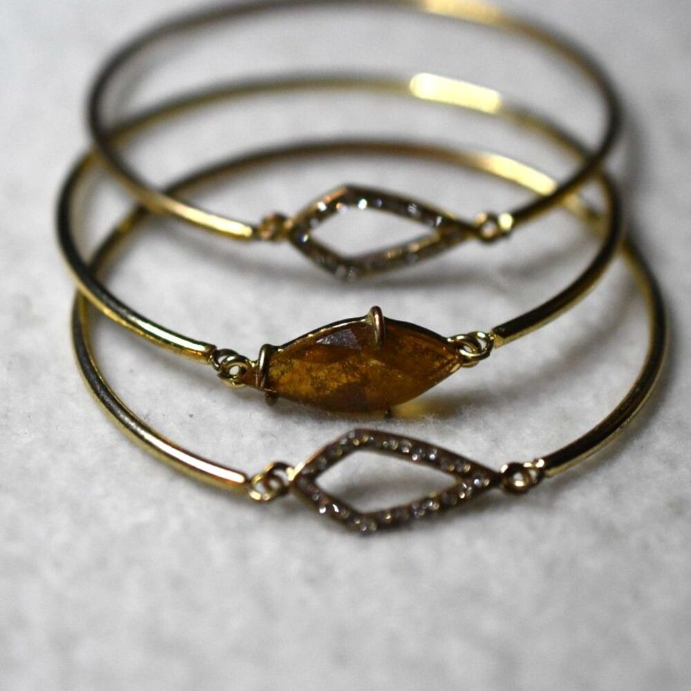 Modern Stylish 3 Stackable Gold Tone Amber Stone Rhinestone Accents 5" Bracelets